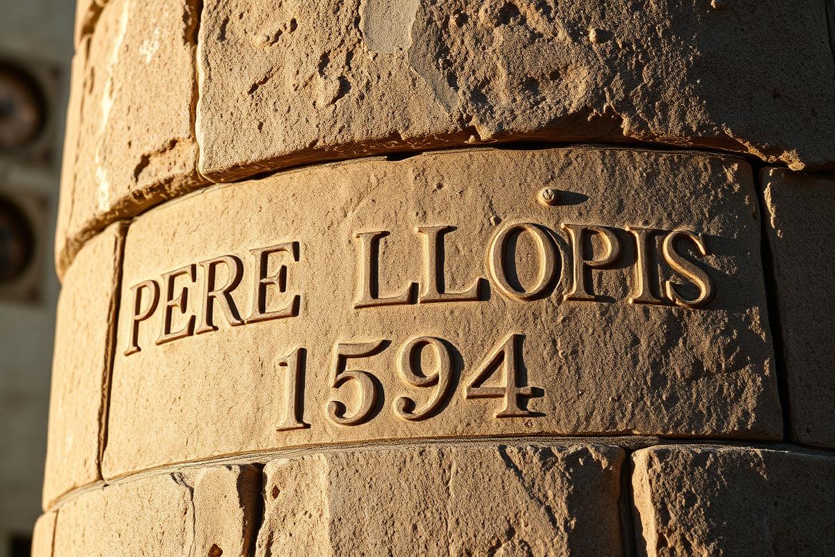 Inscripción PERE LLOPIS 1594 sobre el talud de la torre