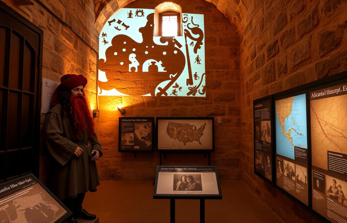 Interior del Centro de Interpretación con la figura de Barbarroja y paneles