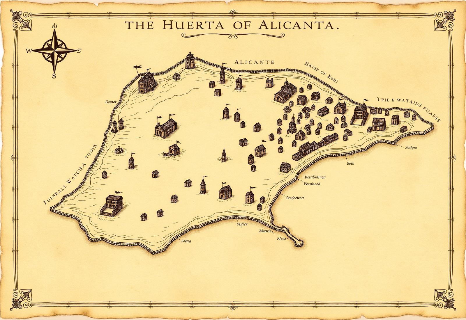 Mapa ilustrado de la huerta de Alicante y sus torres