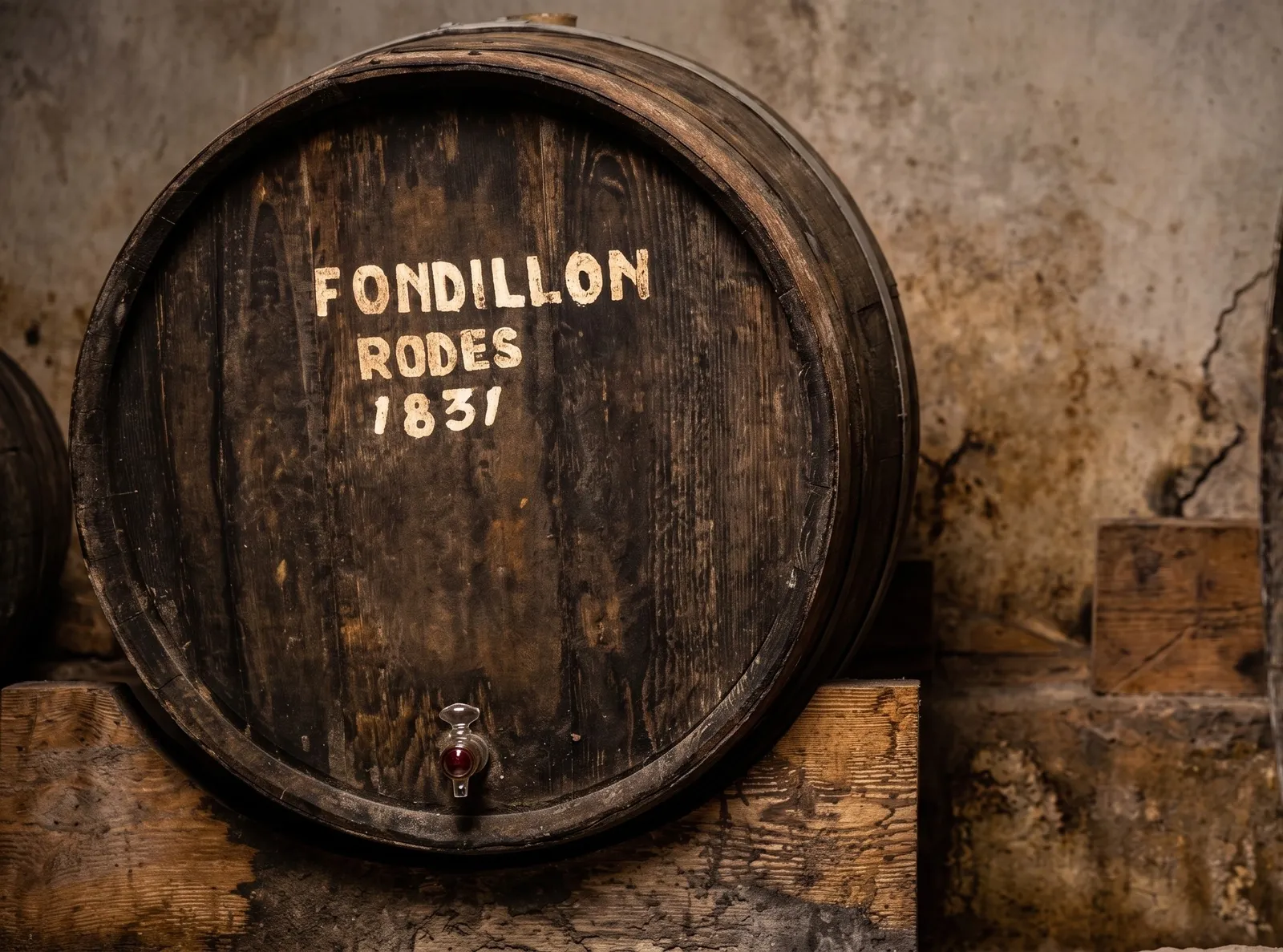 Historisches Fondillón-Fass mit Aufschrift Fondillón Rodes 1831 in der Finca Cassou