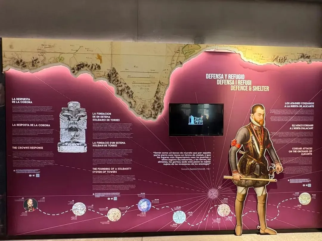 Panneau 'Défense et Refuge' avec la figure de Philippe II et la fondation du système solidaire de tours
