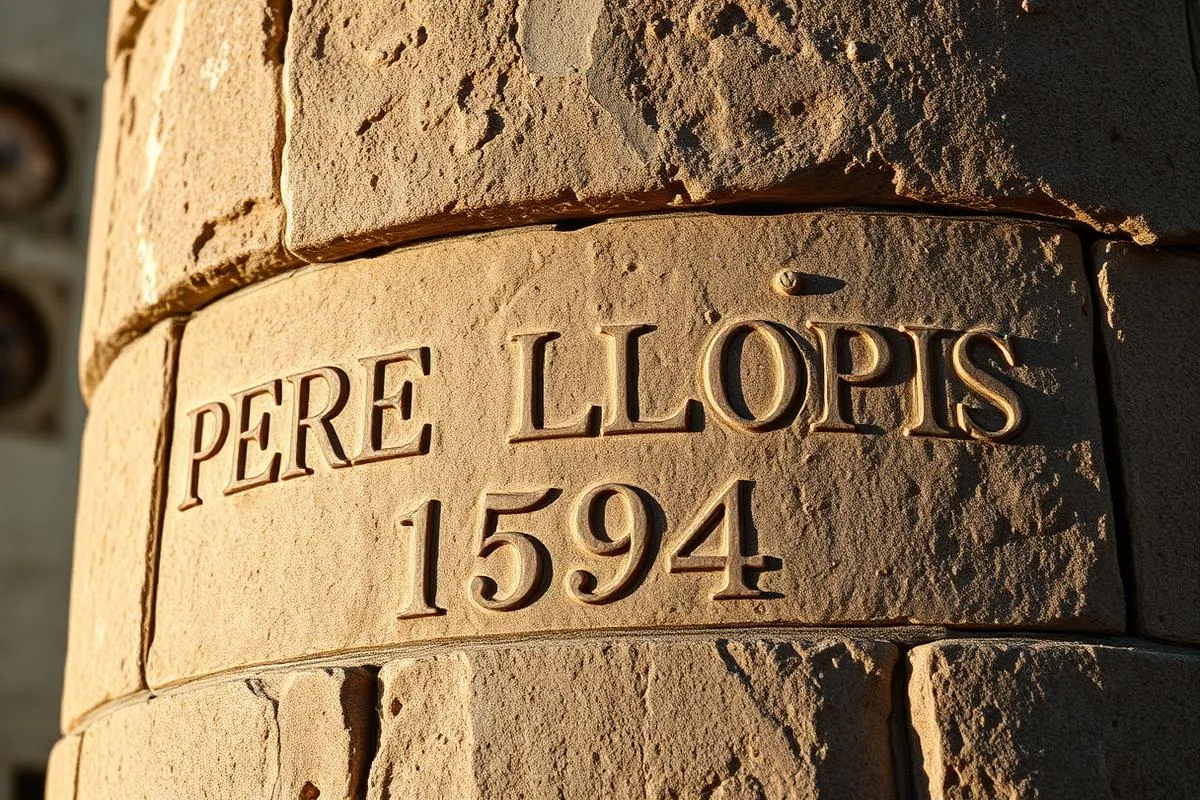 Inscription PERE LLOPIS 1594 on the tower's talus