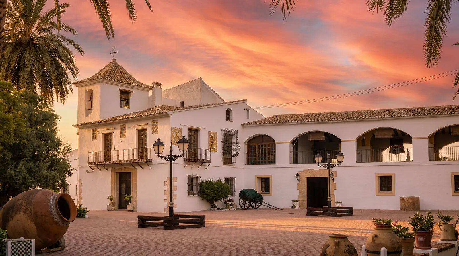 Innenhof, Turm und monumentale Bogengalerie der Finca Lo de Die im Abendlicht